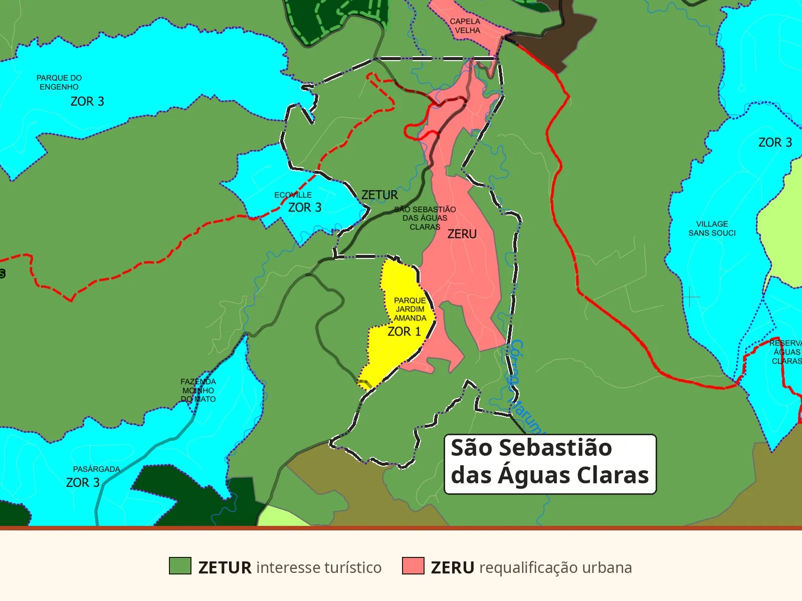 Mapa de zoneamento do PL 2723/2026 recortado em Macacos, com a faixa central do bairro em rosa (ZERU), o resto em verde (ZETUR), o Parque Jardim Amanda em amarelo e os bairros vizinhos em azul-ciano (ZOR 3), e faixa de legenda.