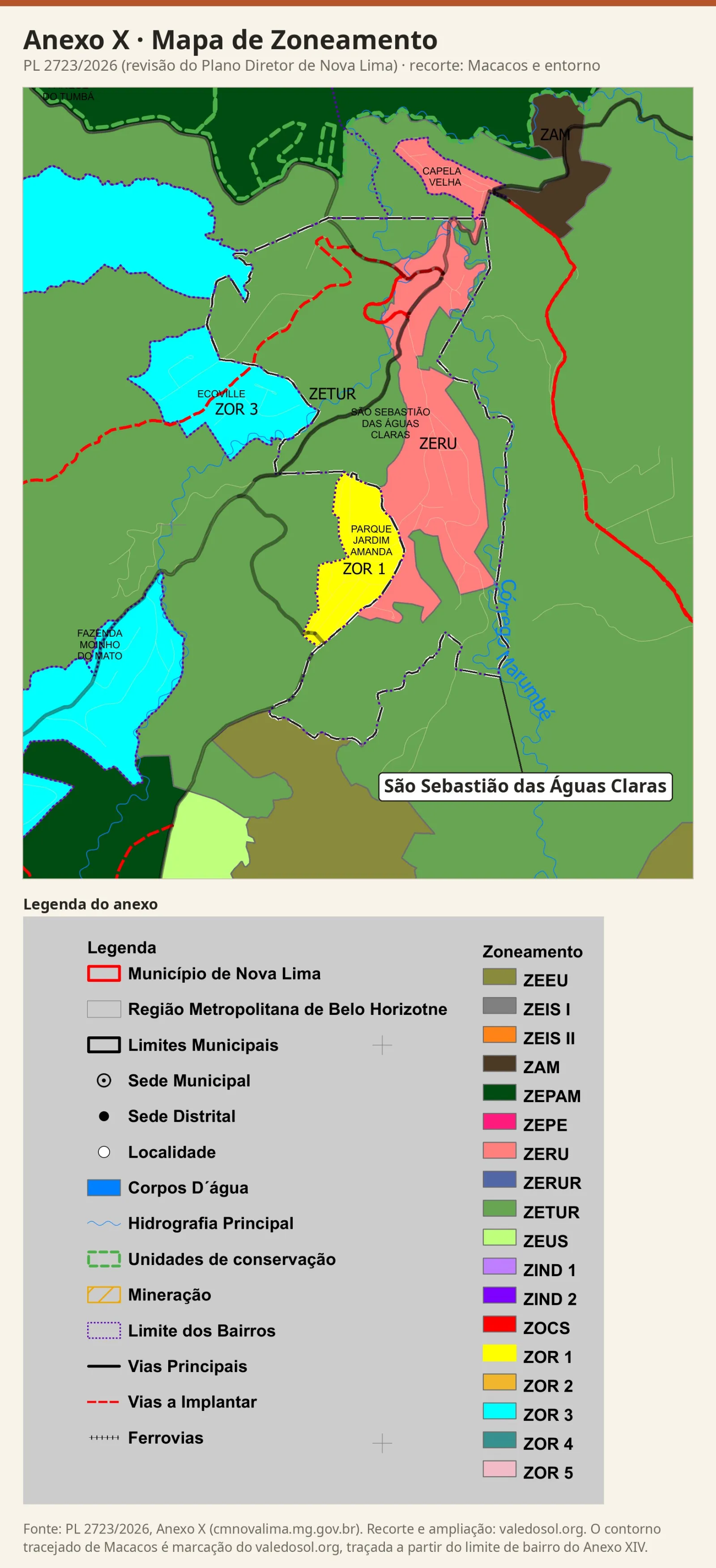Recorte do Mapa de Zoneamento com a faixa central de Macacos em rosa (ZERU), o resto do bairro e o entorno em verde (ZETUR), o Parque Jardim Amanda em amarelo (ZOR 1), o Ecoville e o Parque do Engenho em azul-ciano (ZOR 3), com a legenda do anexo.