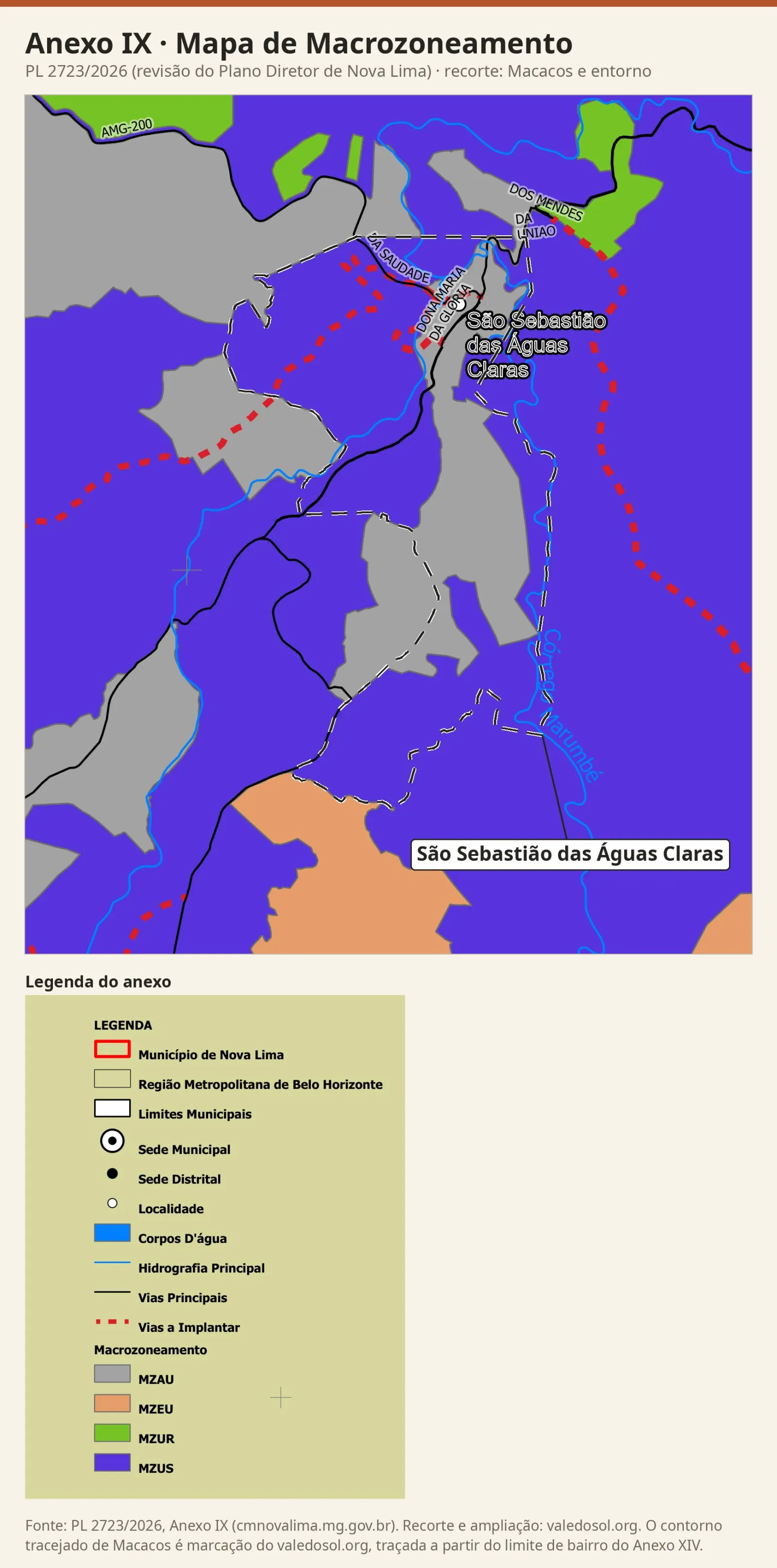 Recorte do Mapa de Macrozoneamento com a faixa central de Macacos em cinza (MZAU), o resto do bairro em roxo (MZUS), manchas verdes de MZUR no alto e laranja de MZEU ao sul, com a legenda do anexo.