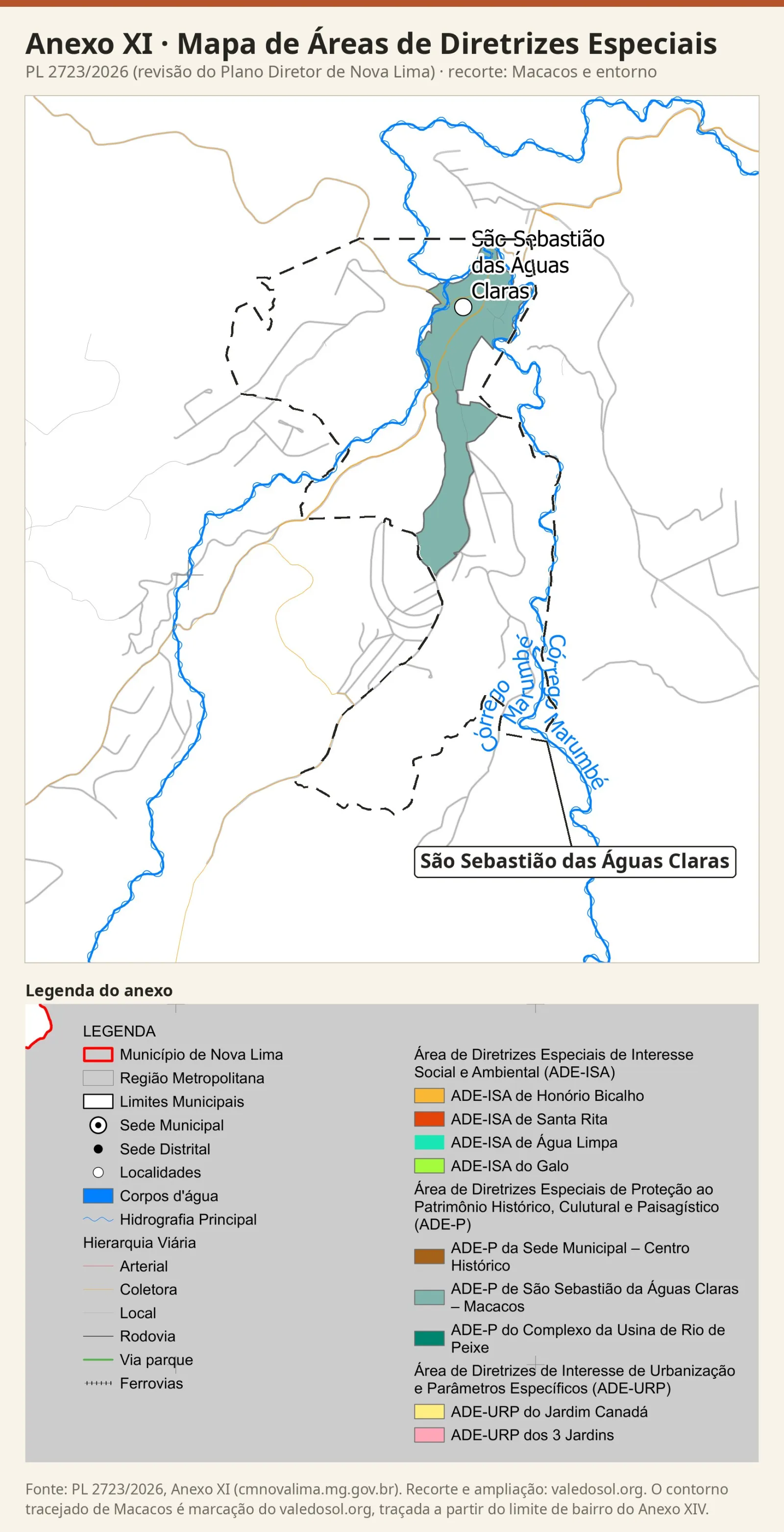 Recorte do Mapa de Áreas de Diretrizes Especiais com a ADE-P de São Sebastião das Águas Claras – Macacos em verde-acinzentado, do centro antigo para o sul, dentro do limite do bairro, com a legenda do anexo.