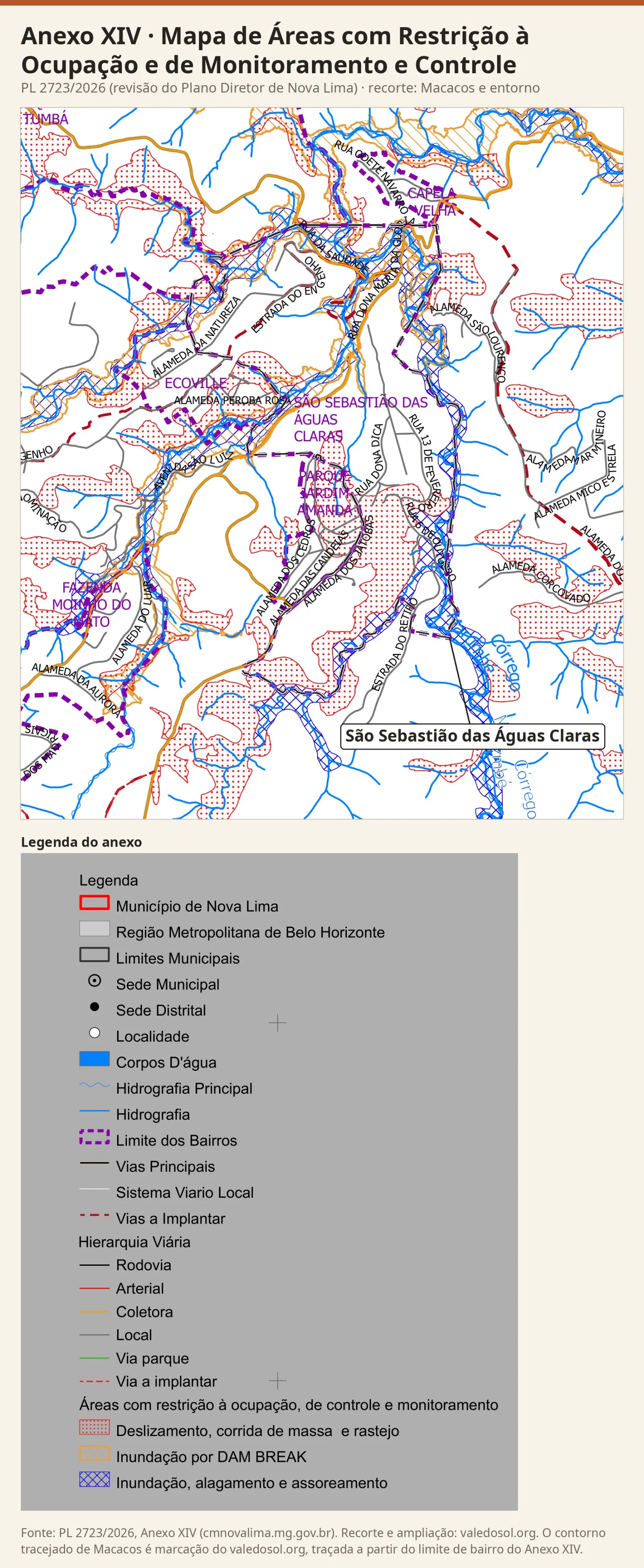 Recorte do Mapa de Áreas com Restrição à Ocupação com o limite de Macacos em tracejado roxo, hachuras laranja e azuis de inundação no vale central e na divisa leste e manchas vermelhas pontilhadas de deslizamento no sul do bairro, com a legenda do anexo.