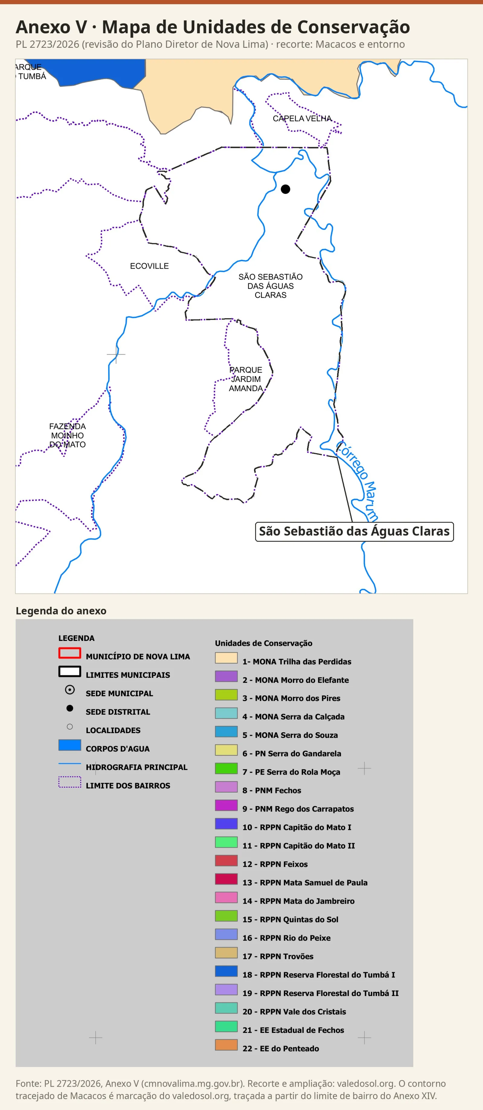 Recorte do Mapa de Unidades de Conservação com Macacos sem unidade de conservação, o MONA Trilha das Perdidas em bege ao norte e a RPPN Reserva Florestal do Tumbá I em azul no canto noroeste, com a legenda do anexo.