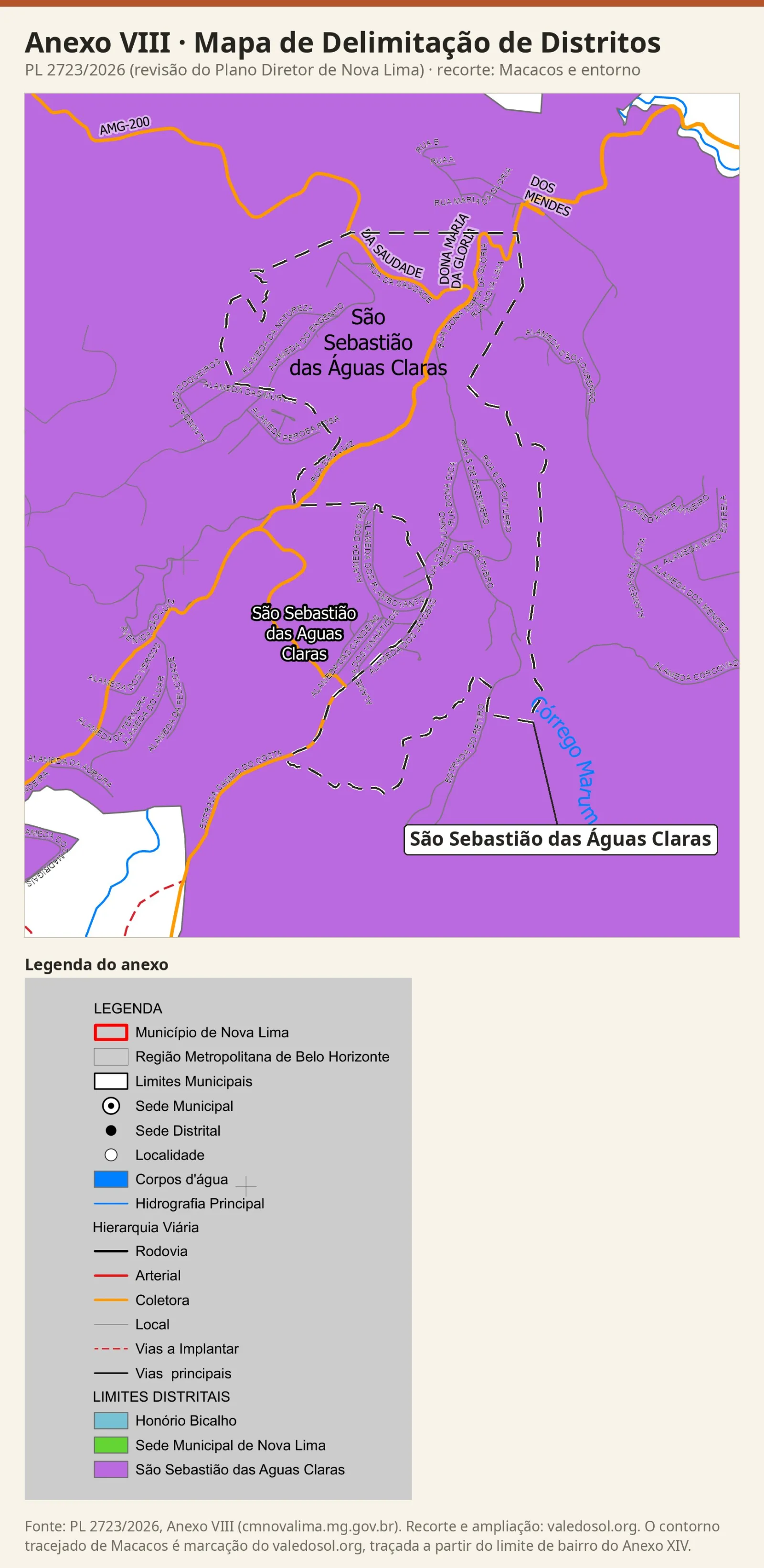 Recorte do Mapa de Delimitação de Distritos com Macacos e quase todo o recorte em lilás (São Sebastião das Águas Claras) e só o canto sudoeste e uma ponta do canto nordeste em branco, com a legenda do anexo.