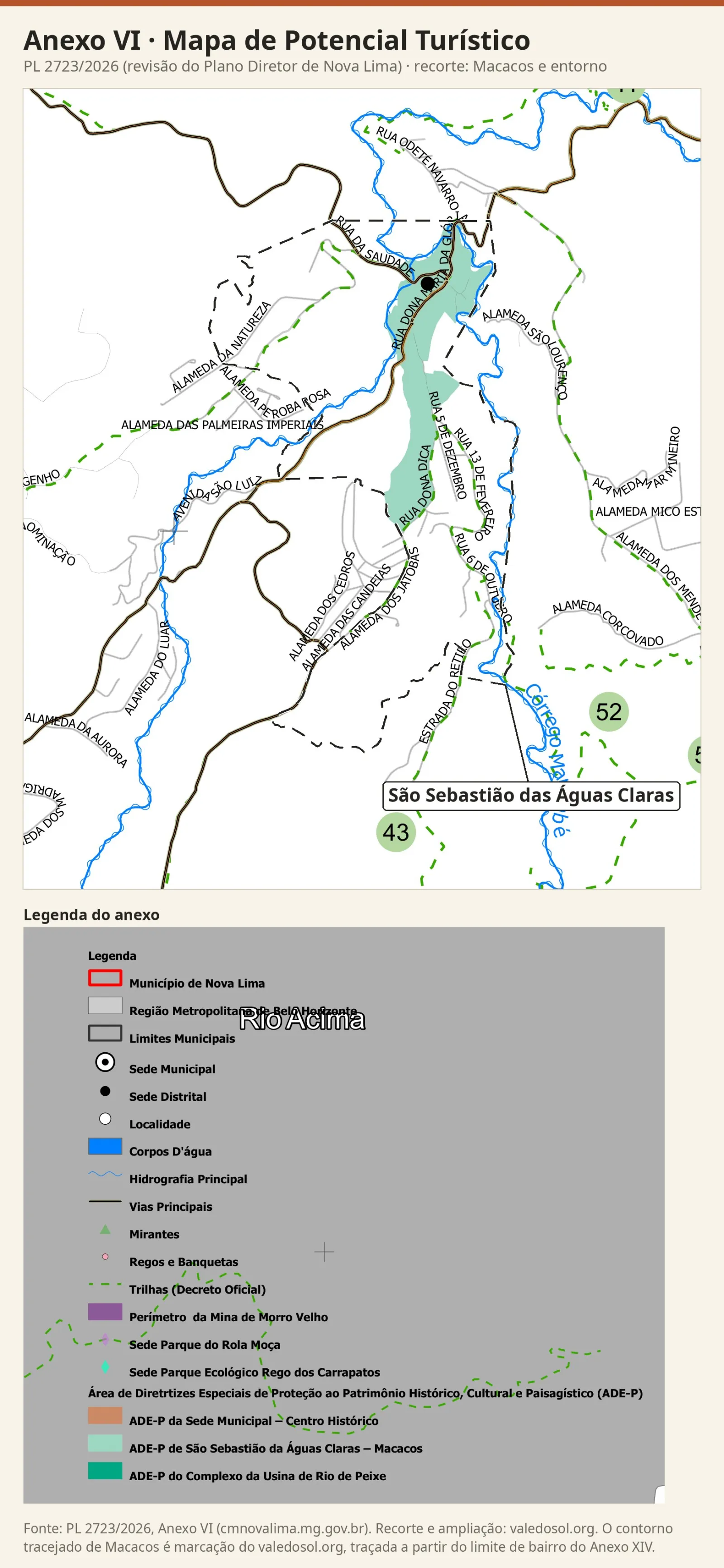 Recorte do Mapa de Potencial Turístico com a ADE-P de Macacos em verde-claro no centro e trilhas em verde tracejado que cruzam o bairro, com os números 43 e 52 ao sul, com a legenda do anexo.