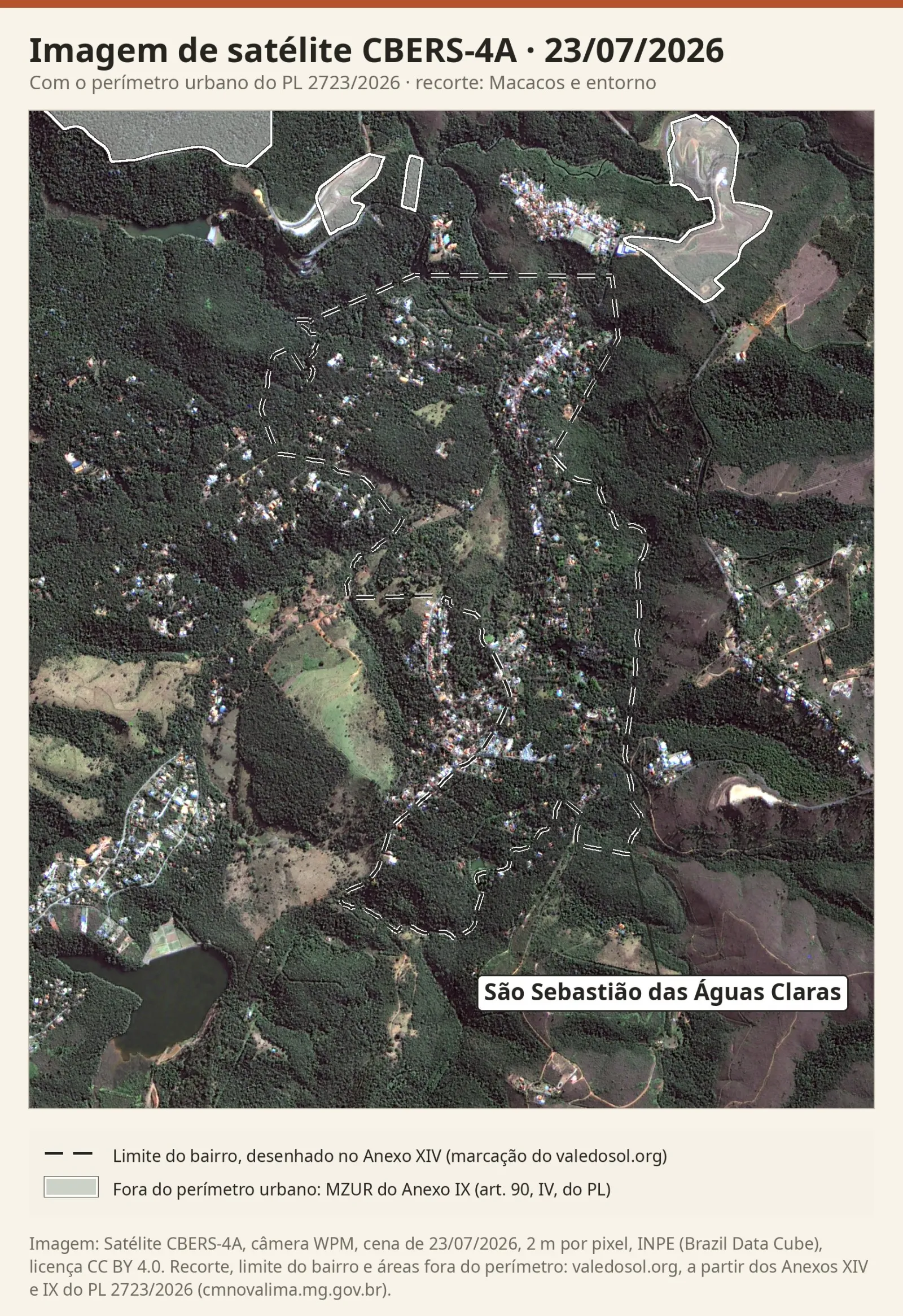 Imagem do satélite CBERS-4A de 23/07/2026 recortada em Macacos, com o limite do bairro em tracejado e, sob véu claro, as áreas fora do perímetro urbano no alto do recorte e no canto nordeste.