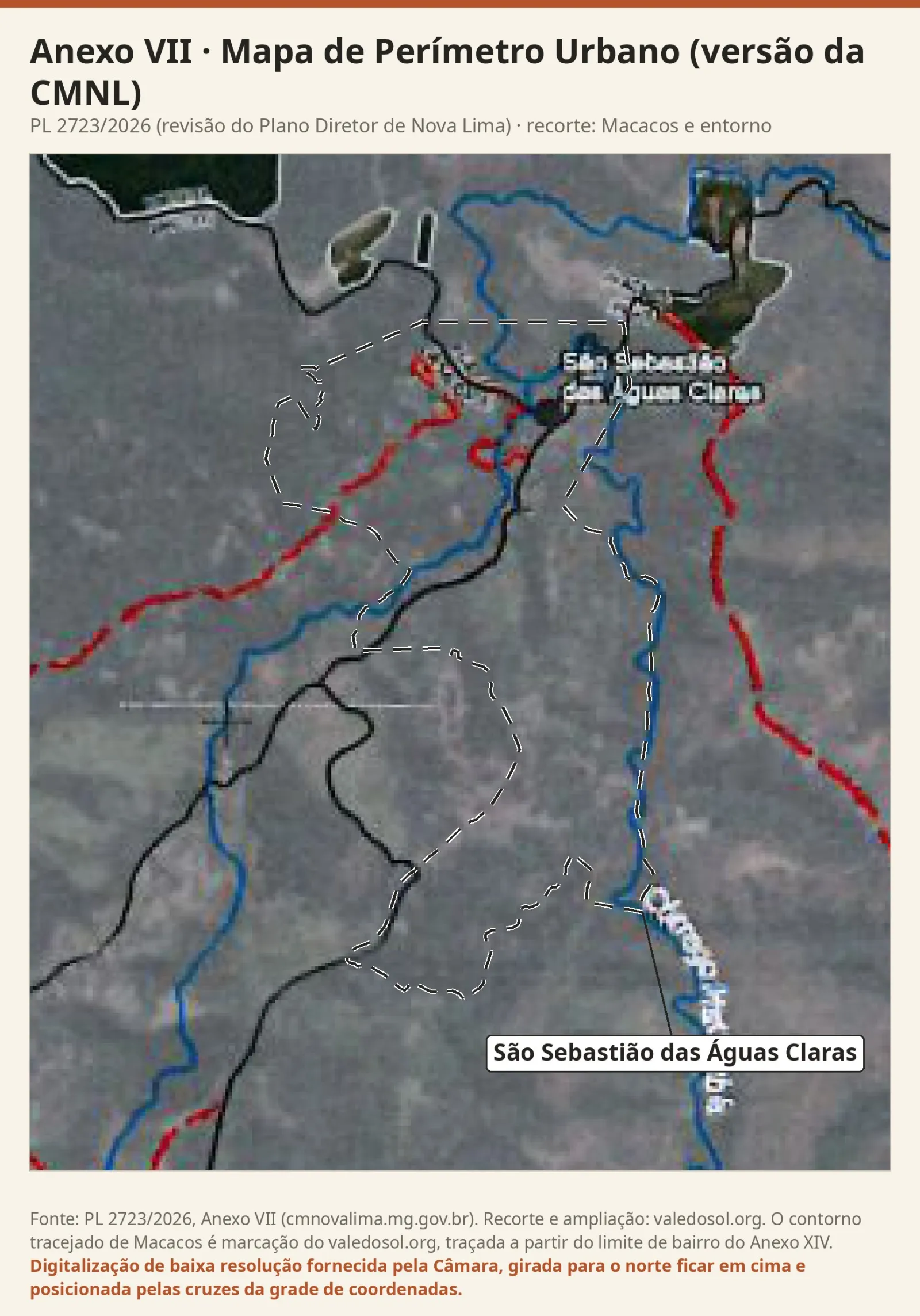Recorte da versão da Câmara do Mapa de Perímetro Urbano, com o véu cinza do perímetro urbano sobre quase todo o recorte, manchas em cor natural no alto e as vias a implantar em vermelho sobre a imagem de satélite